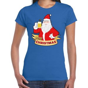 Fout kerstshirt t-shirt blauw santa met pul bier voor dames - kerstkleding christmas outfit