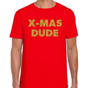 Foute Kerst t-shirt - X-mas dude - gouden glitter letters / rood voor heren - kerstkleding / Christmas outfit L