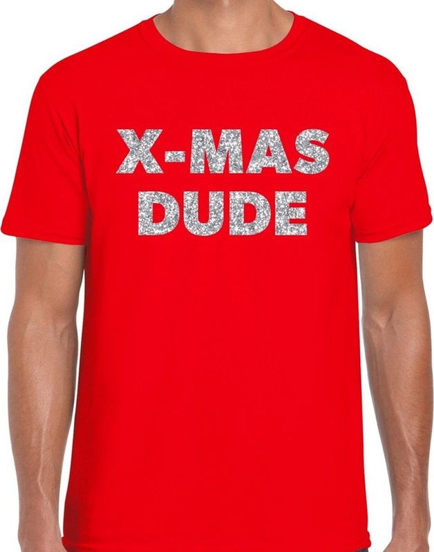 Bellatio Decorations - Foute Kerst T-shirt - Rood - X-mas Dude - Met Zilveren Glitter Letters