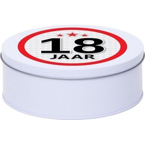 Cadeau/kado wit rond blik 18 jaar 18 cm - Snoeptrommels/koektrommels - Cadeauverpakking voor verjaardag
