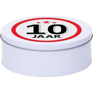 Cadeau/kado wit rond blik 10 jaar 18 cm - Snoeptrommels/koektrommels - Cadeauverpakking voor verjaardag