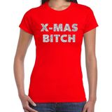 Foute Kerst t-shirt - x-mas bitch - zilver glitter - rood - dames - kerstkleding kerst outfit