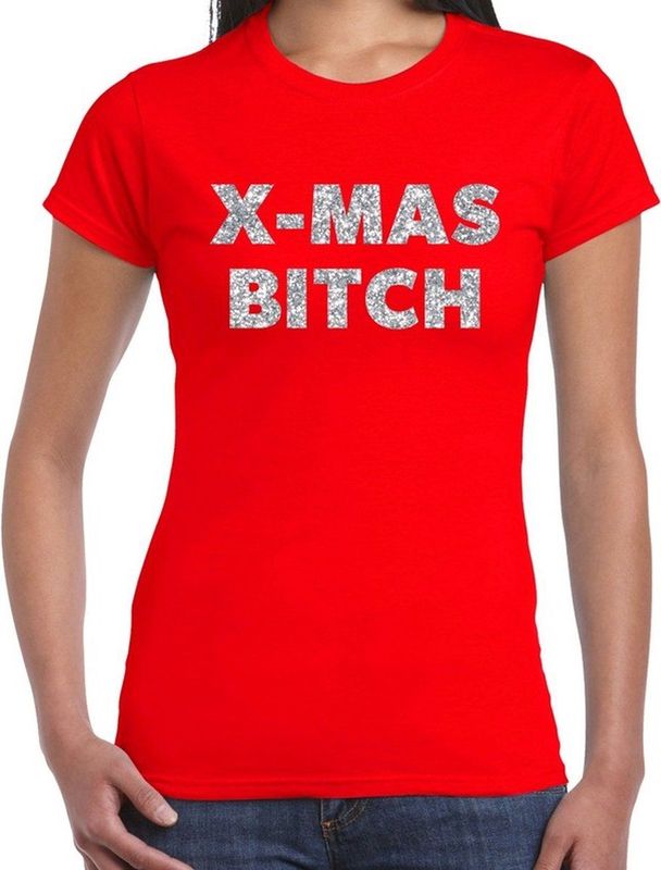 Foute Kerst t-shirt - x-mas bitch - zilver glitter - rood - dames - kerstkleding kerst outfit