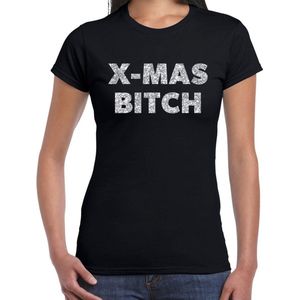 Foute Kerst t-shirt - x-mas bitch - zilver / glitter - zwart - dames - kerstkleding / kerst outfit XS