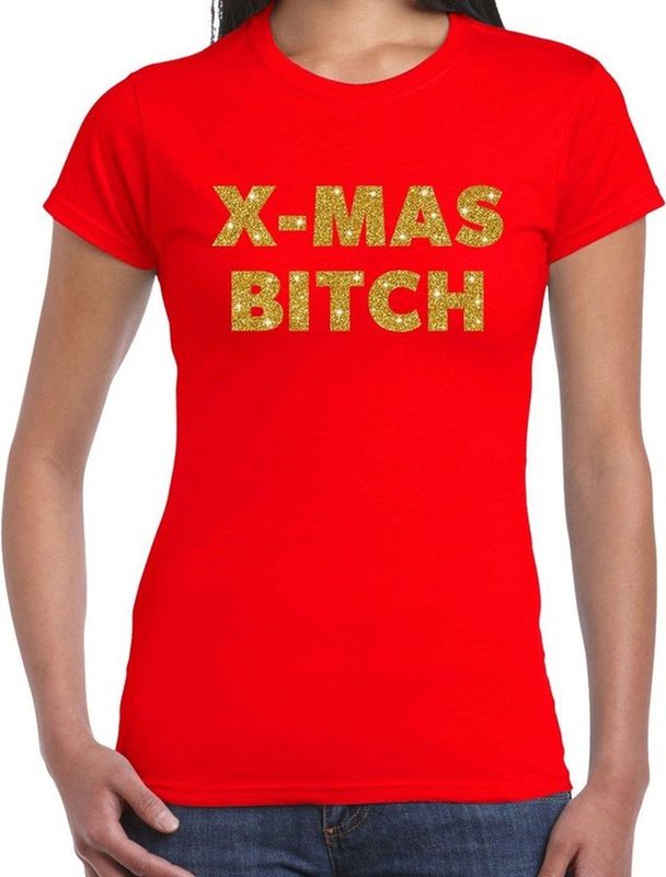 Foute Kerst t-shirt - x-mas bitch - goud glitter - rood - dames - kerstkleding kerst outfit