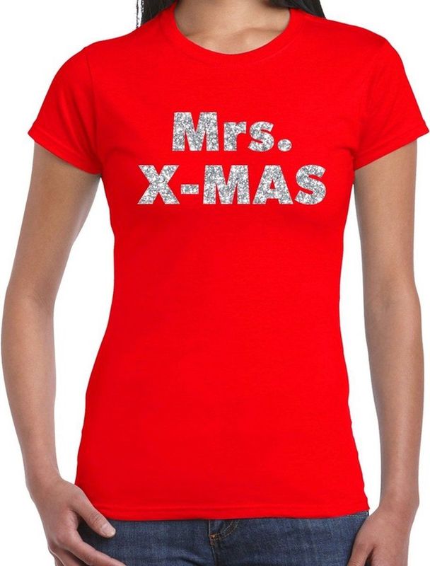 Foute Kerst t-shirt - Mrs x-mas - zilver glitter - rood - dames - kerstkleding kerst outfit