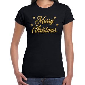 Foute Kerst t-shirt - Merry Christmas - goud glitter - zwart - dames - kerstkleding kerst outfit