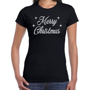 Foute Kerst t-shirt - Merry Christmas - zilver glitter - zwart - dames - kerstkleding kerst outfit
