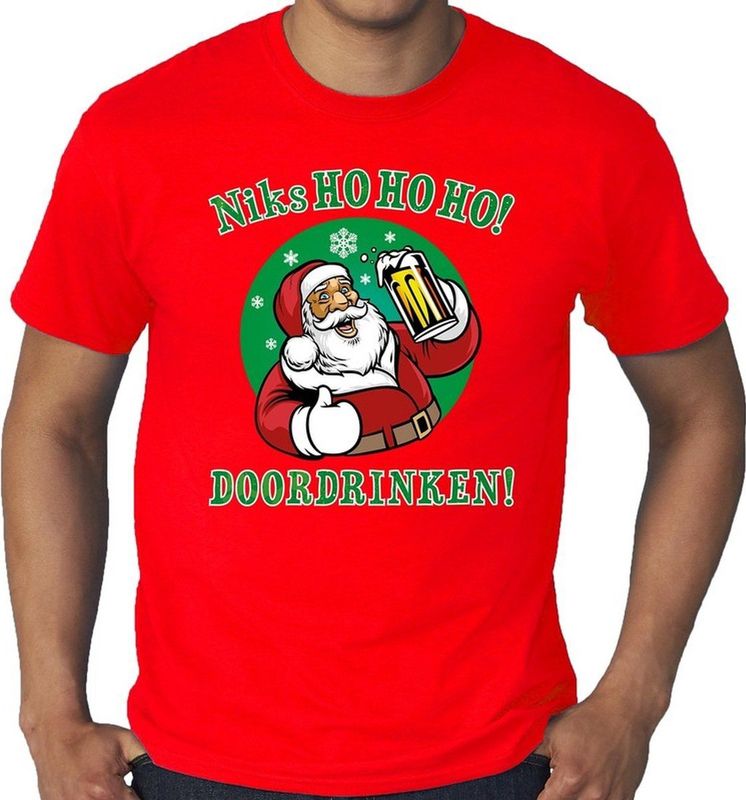 Grote Maten - Fout Kerst T-shirt - Bier Drinkende Kerstman - Rood - Kerstkleding