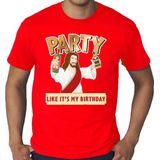 Kerst T-Shirt - Rood - Katoen - Bedrukt met Feestende Jezus