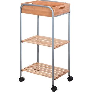 Bamboe houten badkamer kastje/trolley 81 cm - Badkamermeubels/badkamerkasten - Bijzetkastje op wieltjes