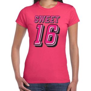 Sweet 16 cadeau t-shirt voor dames - roze fuchsia - 16de verjaardag / jarig shirt / outfit XS