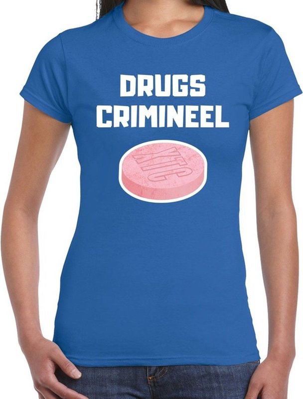 Bellatio Decorations - T-shirt - Blauw - Dames - Drugs Crimineel XTC - Feestshirt