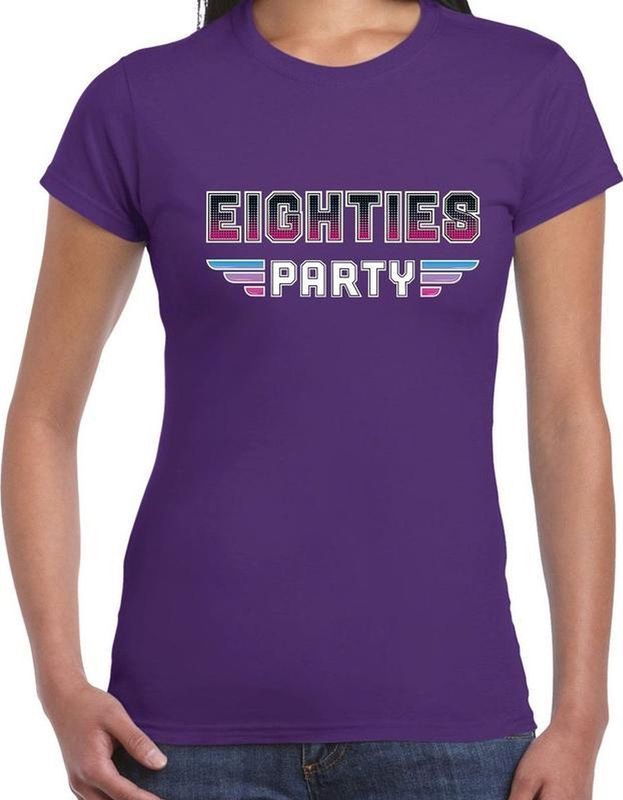 Eighties Party feest t-shirt paars voor dames - paarse 80s disco feest shirts outfit