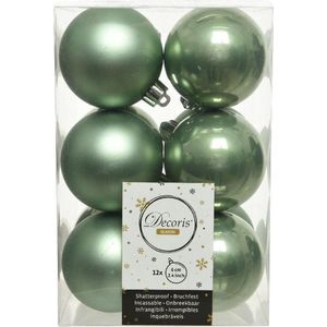 12x Salie groene kunststof kerstballen 6 cm - Mat/glans - Onbreekbare plastic kerstballen - Kerstboomversiering salie groen