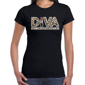 Diva lipstick fun tekst t-shirt voor dames zwart panter print