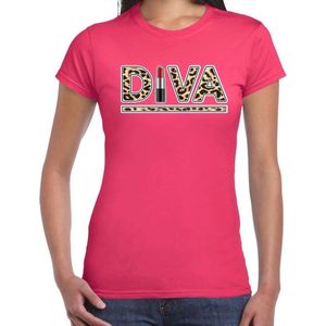 Fout Diva Lipstick T-shirt met Panter Print Roze Voor Dames - Dierenprint Fun Tekst Shirt / Outfit XS