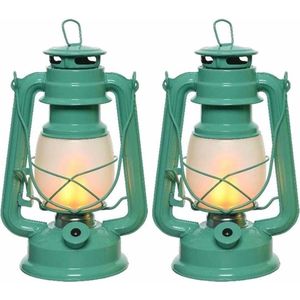 Set van 2x stuks turquoise blauwe LED licht stormlantaarns 24 cm met vlam effect - Campinglamp/campinglicht - Vuur LED lamp