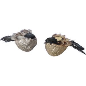 4x Decoratievogels op clip oker/grijs 11 cm - decoratie vogeltjes/decoratievogeltjes - Kerstboomversiering/woondecoratie