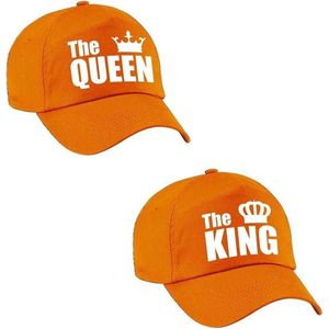 The King en The Queen petten / caps oranje met witte letters en kroon voor volwassenen - Koningsdag - bruiloft - cadeaupetten / feestpetten voor koppels