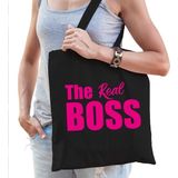 Katoenen tas zwart met roze tekst the real boss - tasje / shopper voor dames