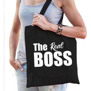 Zwart katoenen tas The real boss witte tekst dames - Feest Boodschappentassen