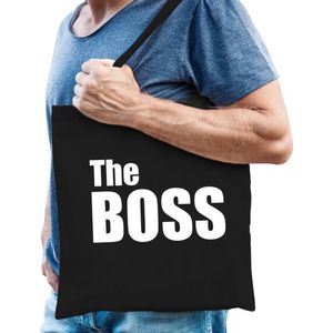Zwart katoenen tas The boss witte tekst heren - Feest Boodschappentassen