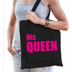 His queen katoenen tas zwart met roze tekst - tasje / shopper voor dames