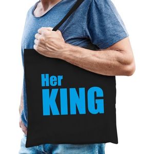 Her king tas / shopper zwart katoen met blauwe tekst voor heren