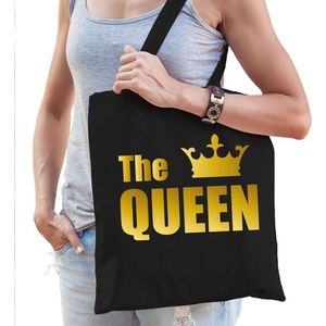 The queen katoenen tas zwart met gouden tekst en gouden kroon - tasje / shopper voor dames
