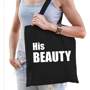 His beauty katoenen tas zwart met witte tekst - tasje / shopper voor dames