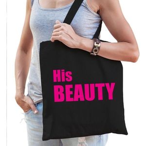 His beauty tas / shopper zwart katoen met roze tekst voor dames