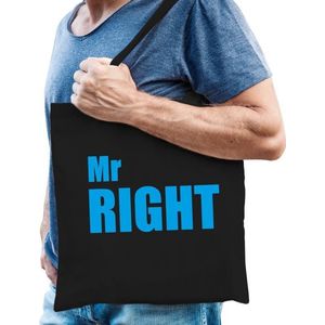 Mr right katoenen tas zwart met blauwe tekst - vrijgezellenfeest - tasje / shopper voor heren