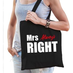Mrs always right katoenen tas zwart met witte en roze letters - vrijgezellenfeest - tasje / shopper voor dames