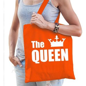 The queen katoenen tas oranje met witte tekst en witte kroon - Koningsdag - tasje / shopper voor dames