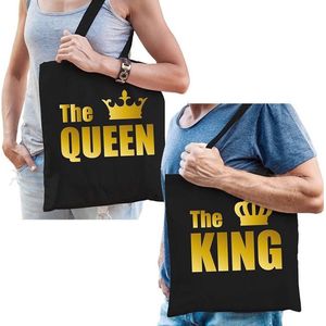 The queen en The king katoenen tassen zwart met gouden kroon en tekst - Koningsdag - tasje / shopper voor volwassenen