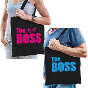 The boss en the real boss katoenen tassen zwart met blauwe / roze tekst voor volwassenen - geschenk - bruiloft / huwelijk â cadeautassen / shoppers voor koppels