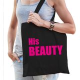 His beauty en her beast / katoenen tassen zwart met blauwe en roze tekst - geschenk - bruiloft / huwelijk â cadeautassen / shoppers voor koppels