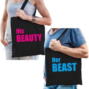 His beauty en her beast / katoenen tassen zwart met blauwe en roze tekst - geschenk - bruiloft / huwelijk â cadeautassen / shoppers voor koppels