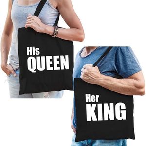 His queen en her king katoenen tassen zwart met witte tekst - geschenk - bruiloft / huwelijk â cadeautassen / shoppers voor koppels