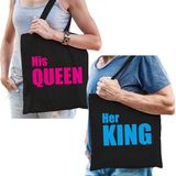 His queen en her king katoenen tassen zwart met blauwe en roze tekst voor volwassenen - geschenk - bruiloft / huwelijk â cadeautassen / shoppers voor koppels