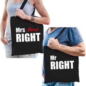 Mrs always right en Mr right katoenen tassen zwart met witte tekst voor volwassenen - geschenk - bruiloft / huwelijk â cadeautassen / shoppers voor koppels