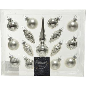 Decoris Mini kerstballen - 3 cm - met piek - 15 - zilver - glas - kerstversiering