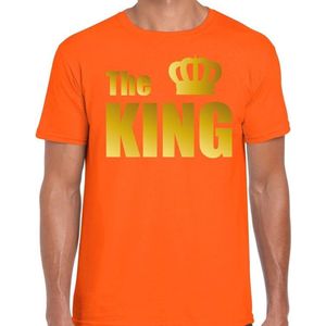 The king fun t-shirt oranje met gouden tekst en gouden kroon voor heren Koningsdag / Holland