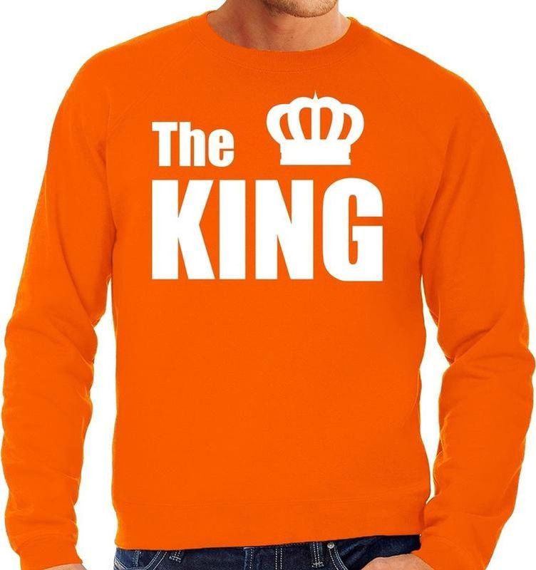 Bellatio Decorations - The King - Sweater - Oranje - Met Witte Letters en Kroon