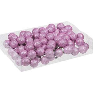 80x Roze glitter mini kerstballen stekers kunststof 3 cm - Kerststukje maken onderdelen