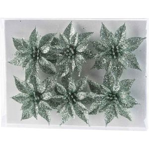 Mintgroene glitter kerstrozen op clip - 6x Kerstboomversiering - Luxe vulling voor uw kerstboom
