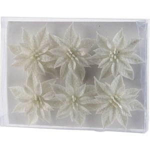 6x Kerstboomversiering witte glitter bloemen op ijzerdraad - kerstboom decoratie - wit kerstversieringen