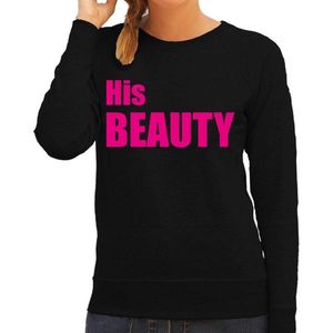 His beauty sweater / trui zwart met roze letters voor dames - geschenk - bruiloft / huwelijk – fun tekst truien / grappige sweaters voor koppels M