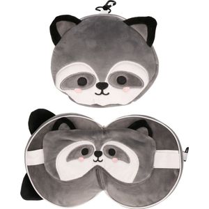 Relaxeazzz Wasbeer knuffel/reiskussen/slaapmasker - 2-in-1 set - voor kinderen- in vliegtuig of auto